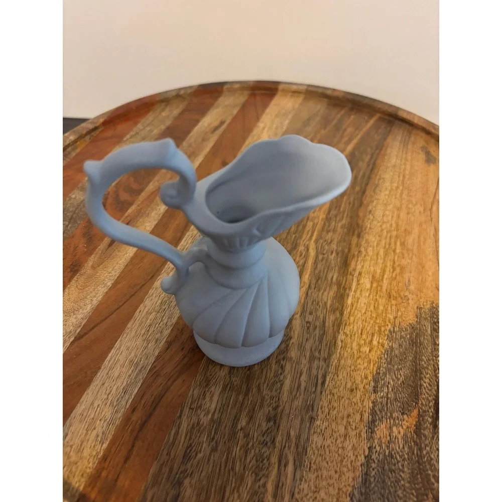 Miniature Blue Porcelain Pitcher Ewer with White Applied Roses 4 Inch Decorative